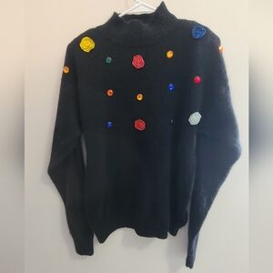 Mi Ki Majestic Silk-wool Blend Black Sweater with Roses and Gems Sz Medium